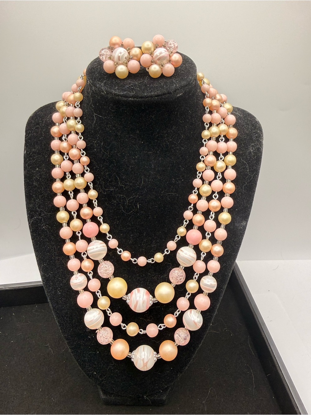 Vintage Pink Peach Multi Strand Beaded Necklace & Japan Earrings
